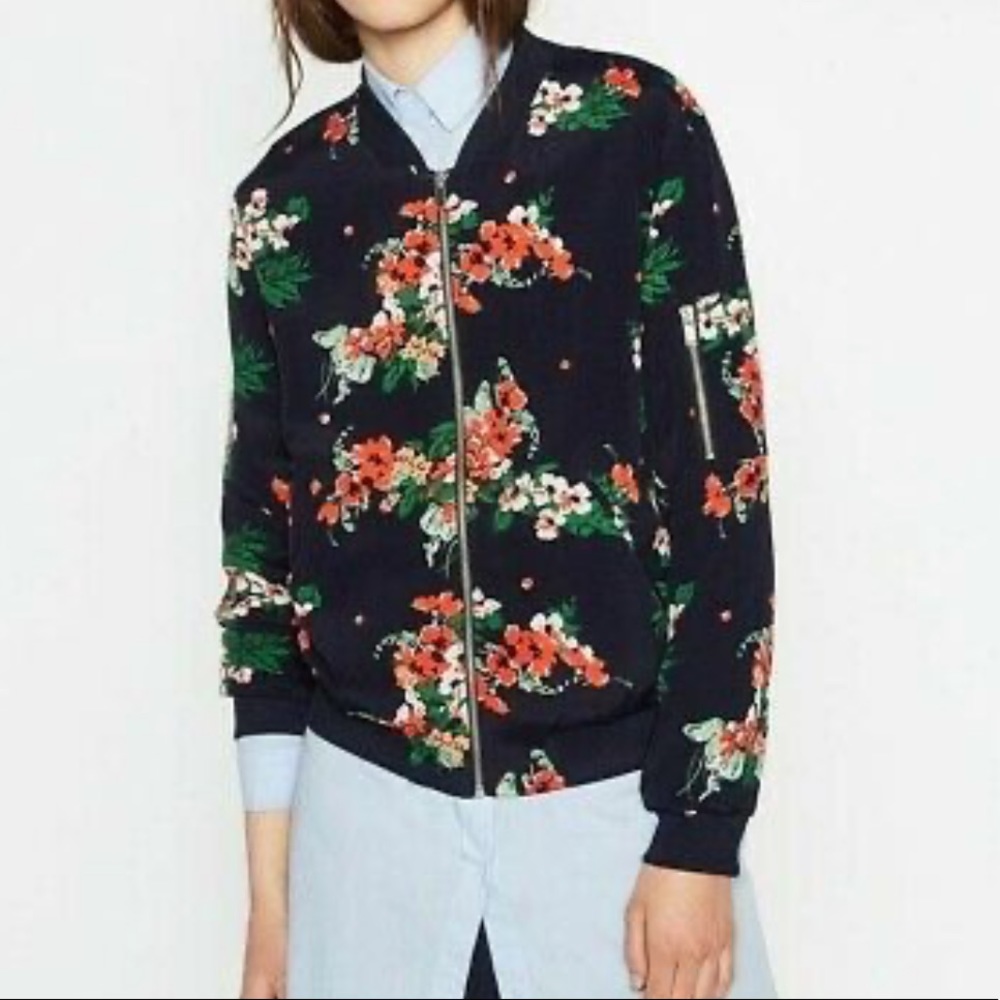 Zara Basic Collection Floral Printed Navy Bomber - image 1
